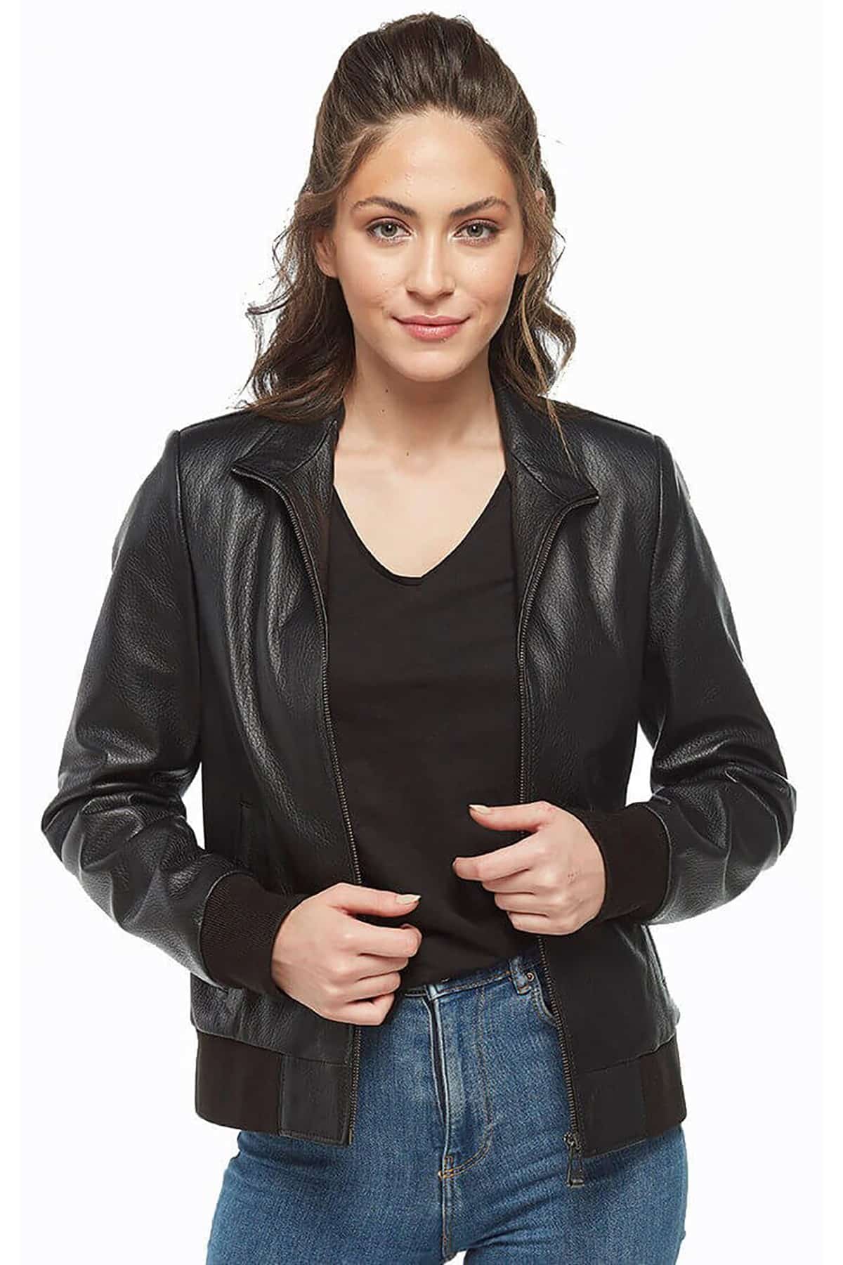 Women's Leather Bomber Jacket in Black - Urban Fashion Studio