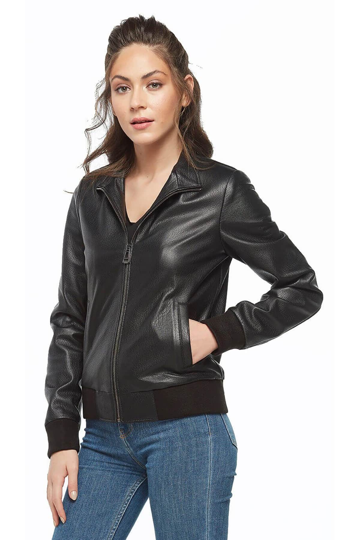 Women's Leather Bomber Jacket in Black - Urban Fashion Studio