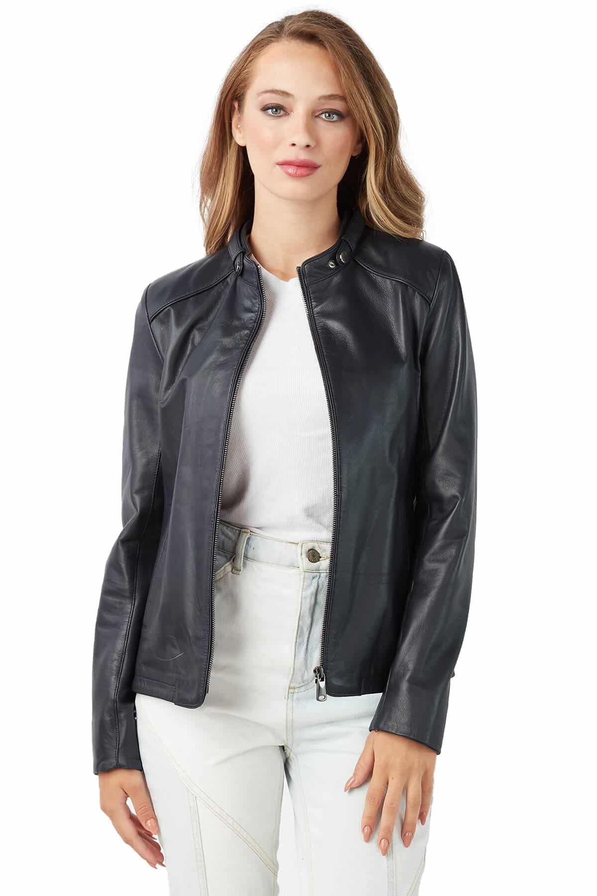 Shop Now: Women's White Leather Motorcycle Cafe Racer Jacket In Europe