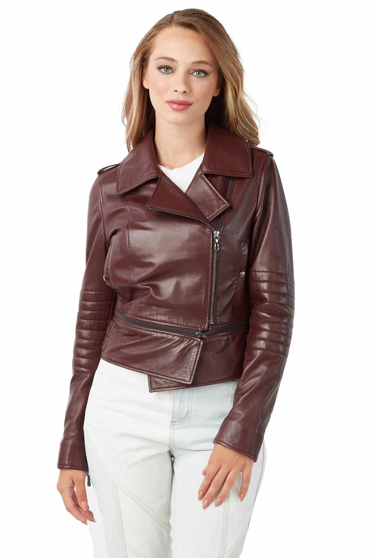 Tamia Ladies Congo Brown Leather Biker Jacket - Urban Fashion Studio