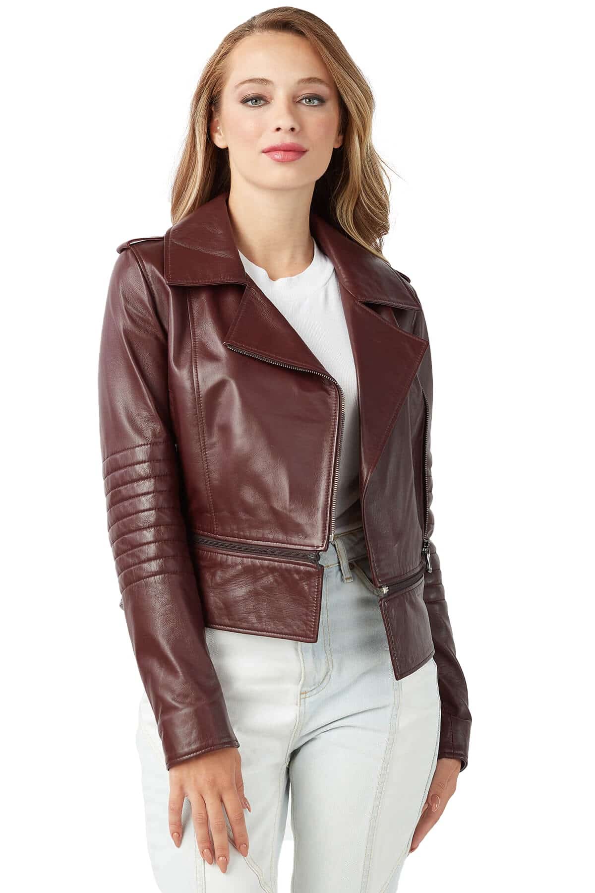 Tamia Ladies Congo Brown Leather Biker Jacket - Urban Fashion Studio