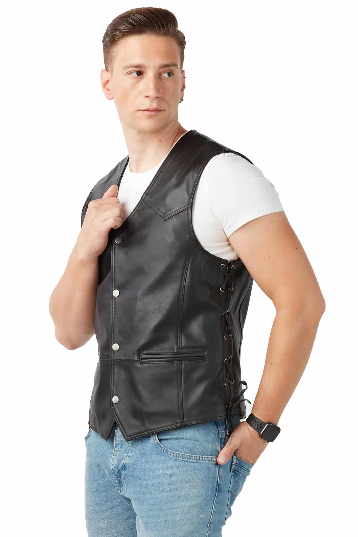 Men's 100 % Real Black Leather Biker Style Vest