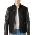 Men's 100% Real Black Leather Crocodile Printed Suede Jacket