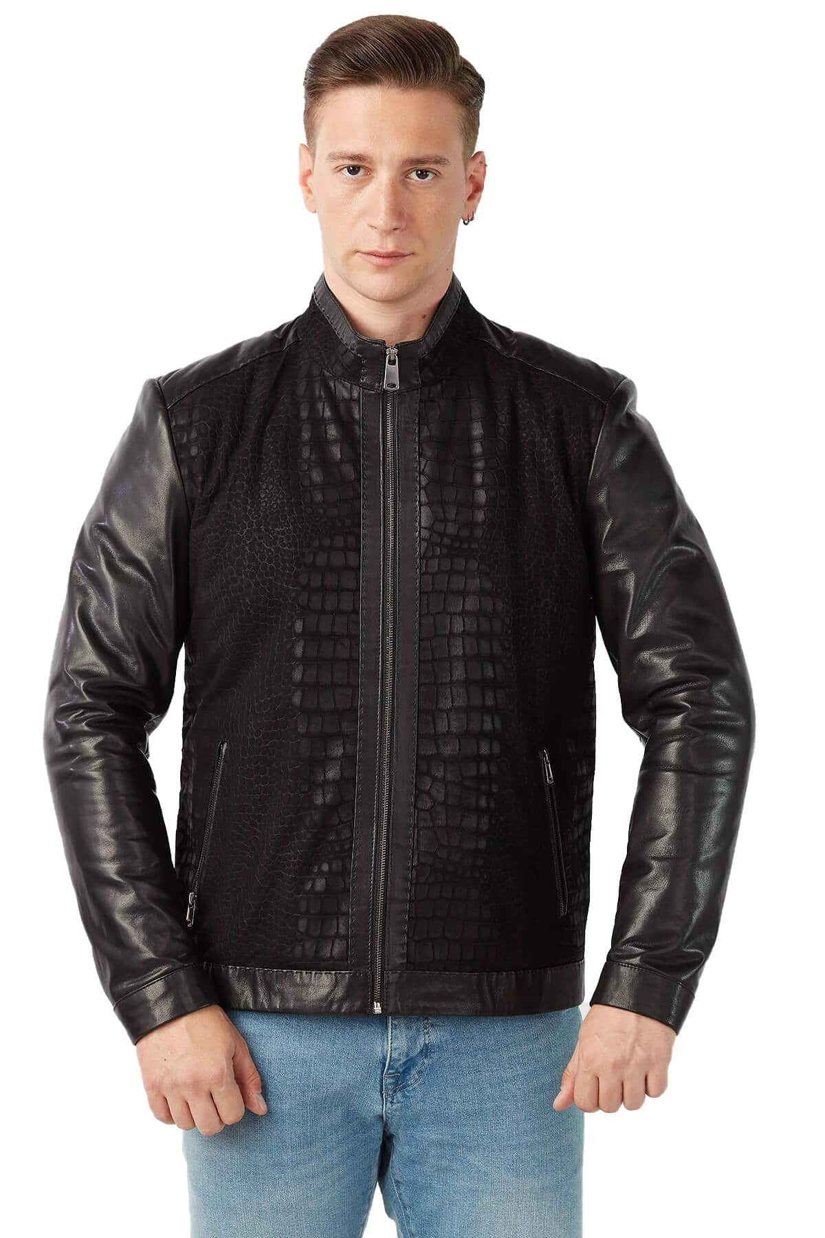 METALLIC PRINTED CROC LEATHER BIKER JACKET