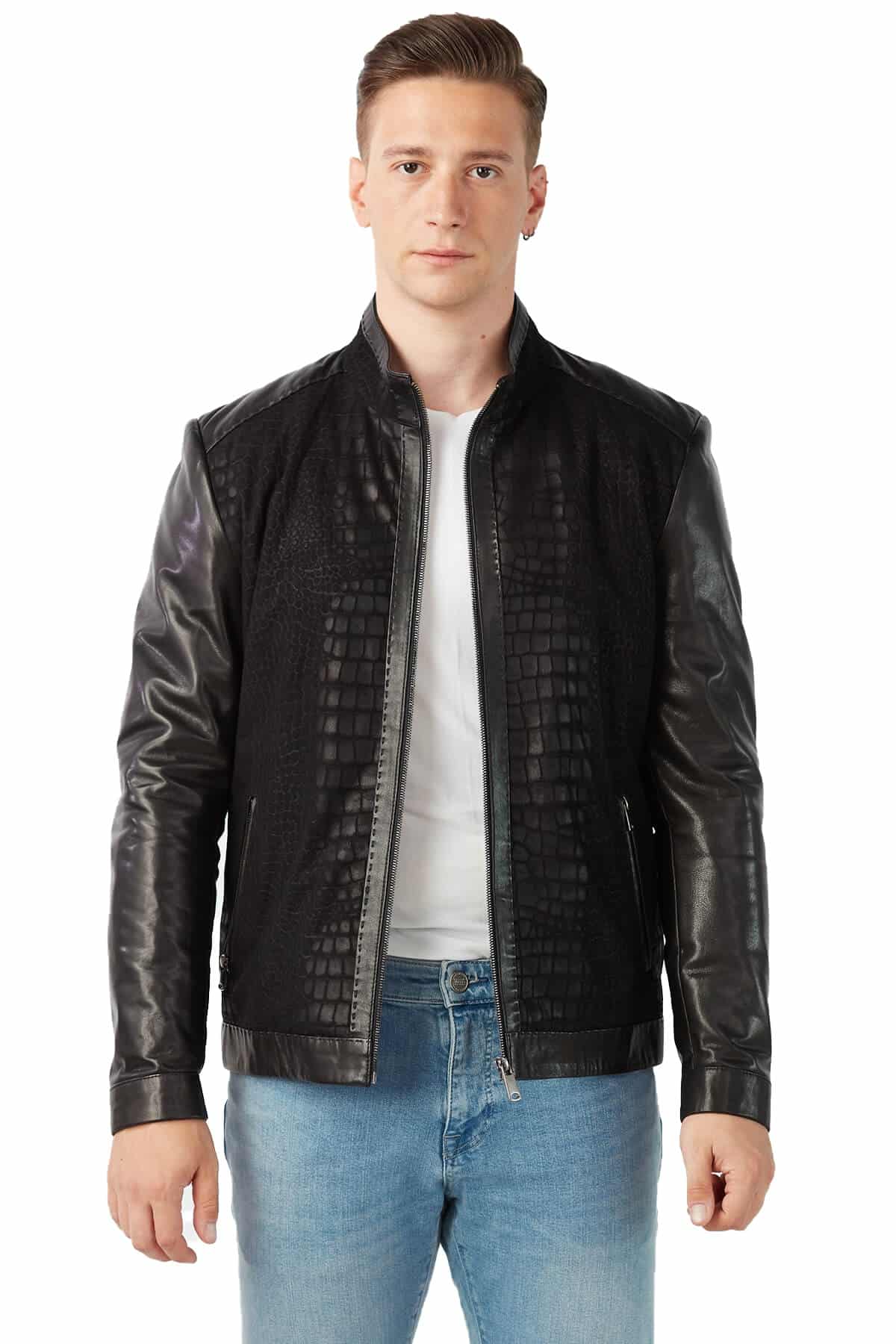 Crocodile Leather Jacket For Him With Shearling Collar