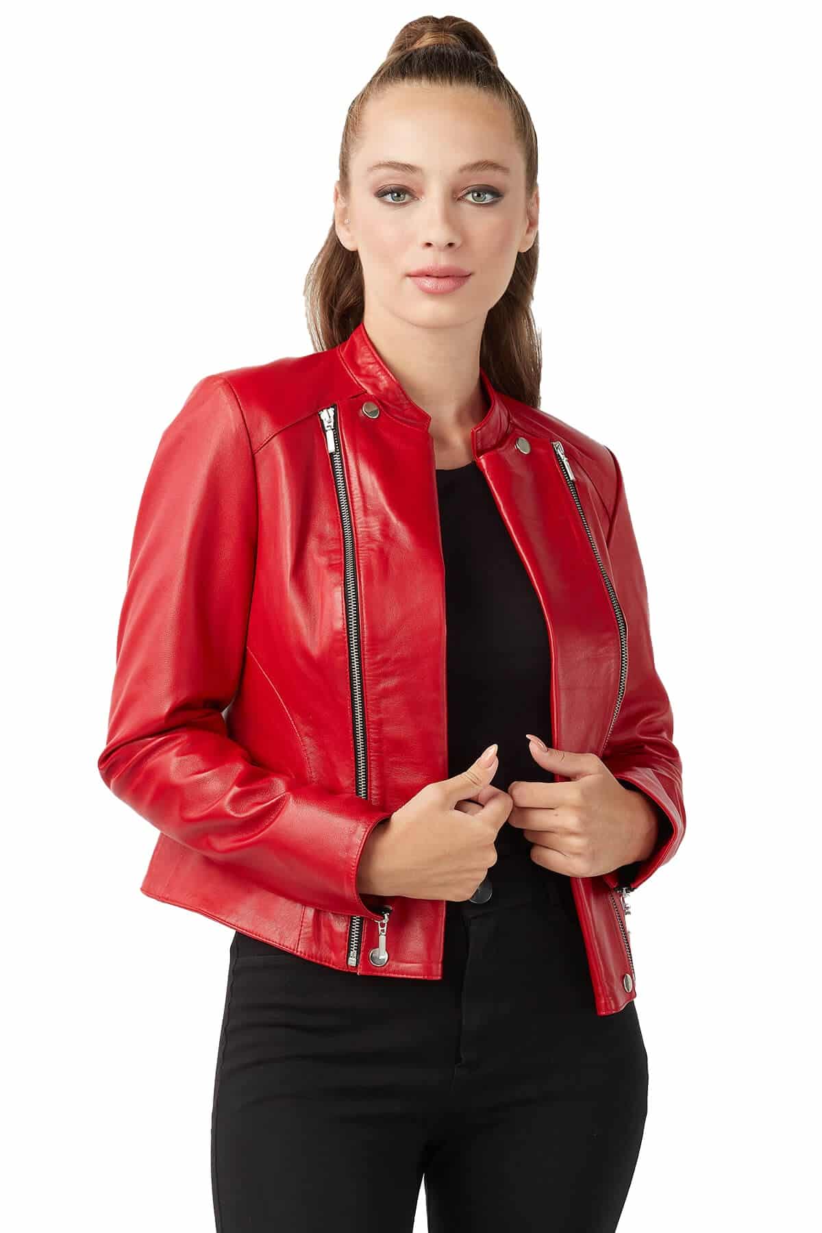 Women's 100 % Real Red Leather Double Collar Jacket