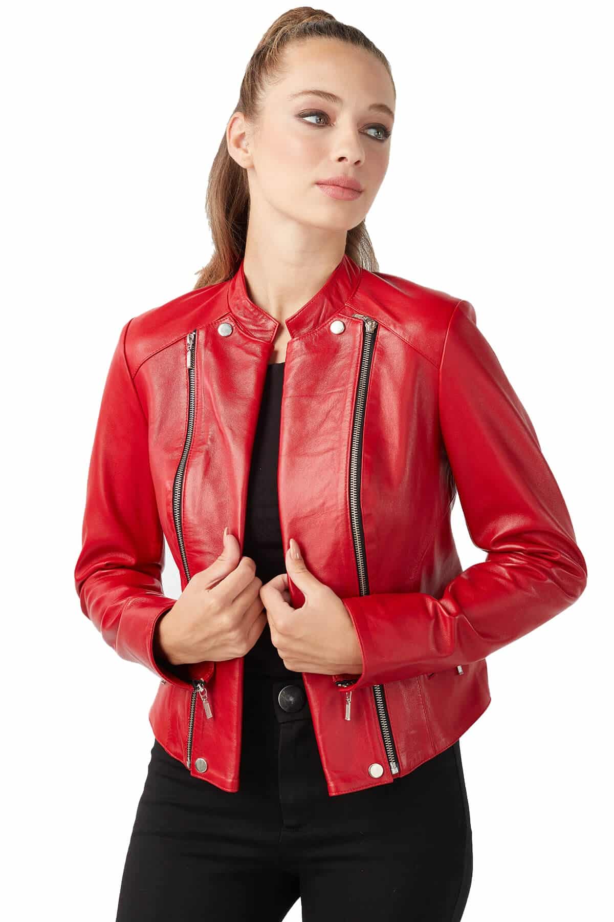 Women's 100 % Real Red Leather Double Collar Jacket