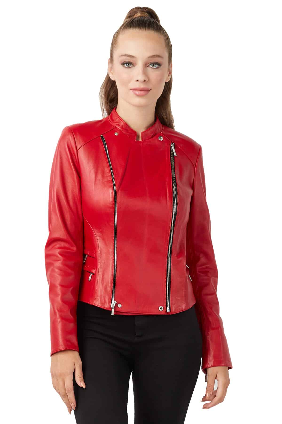 Women's 100 % Real Red Leather Double Collar Jacket