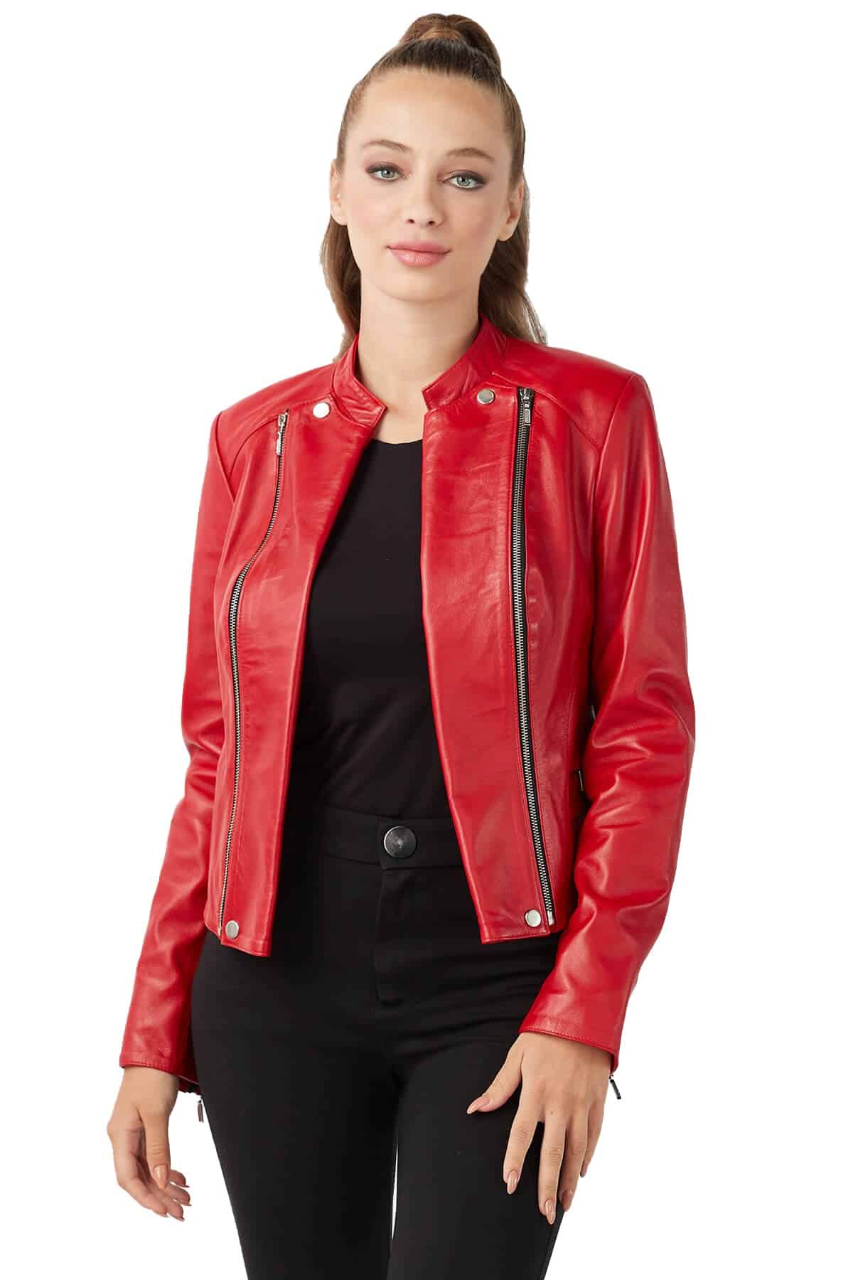 Women's 100 % Real Red Leather Double Collar Jacket