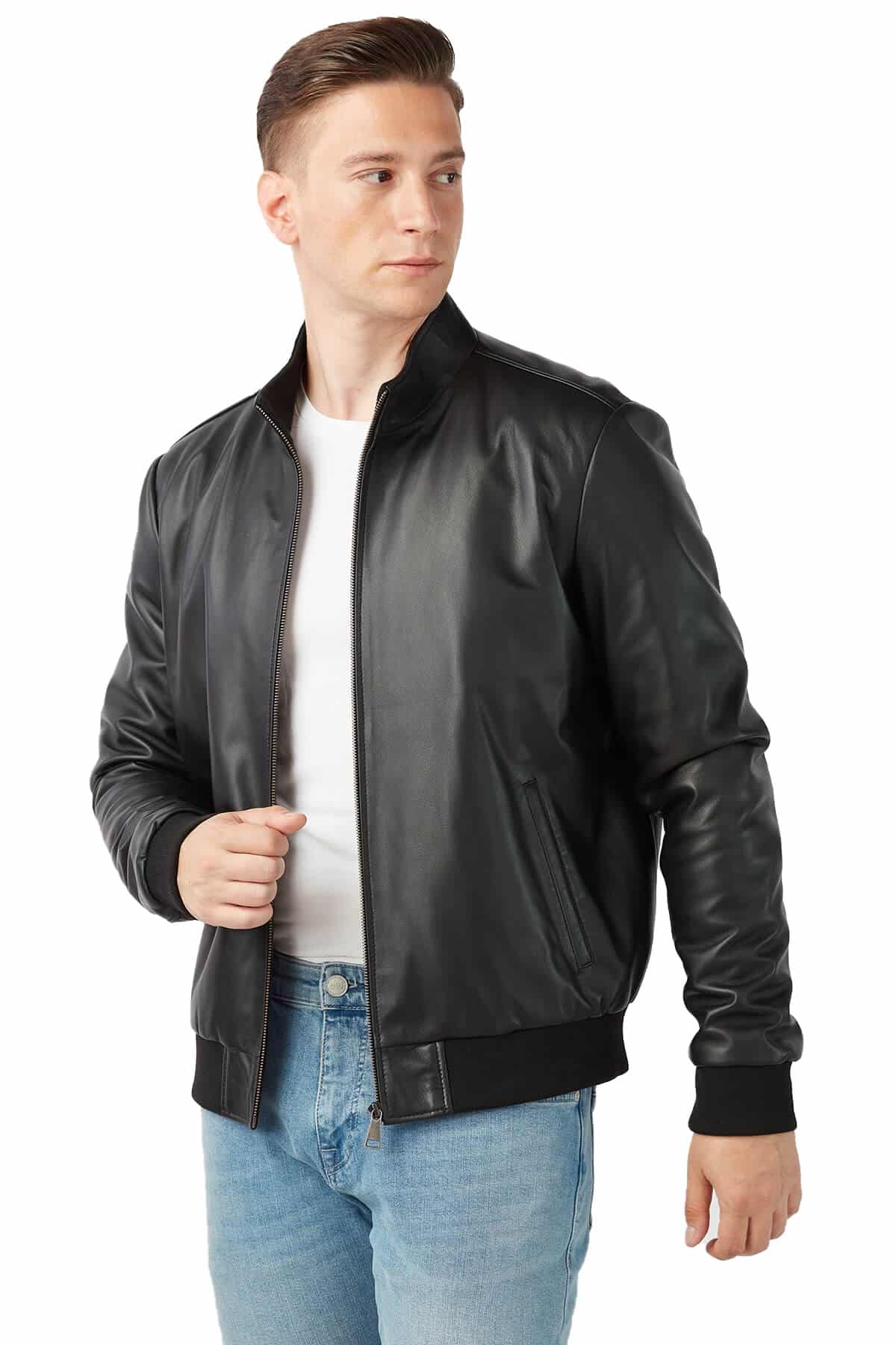 Men's 100 % Real Black Leather College Style Jacket