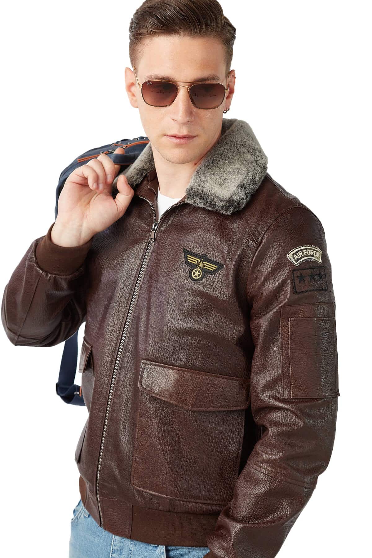 Emilio Men's 100 % Real Dark Brown Leather Pilot Style Bomber Fur ...