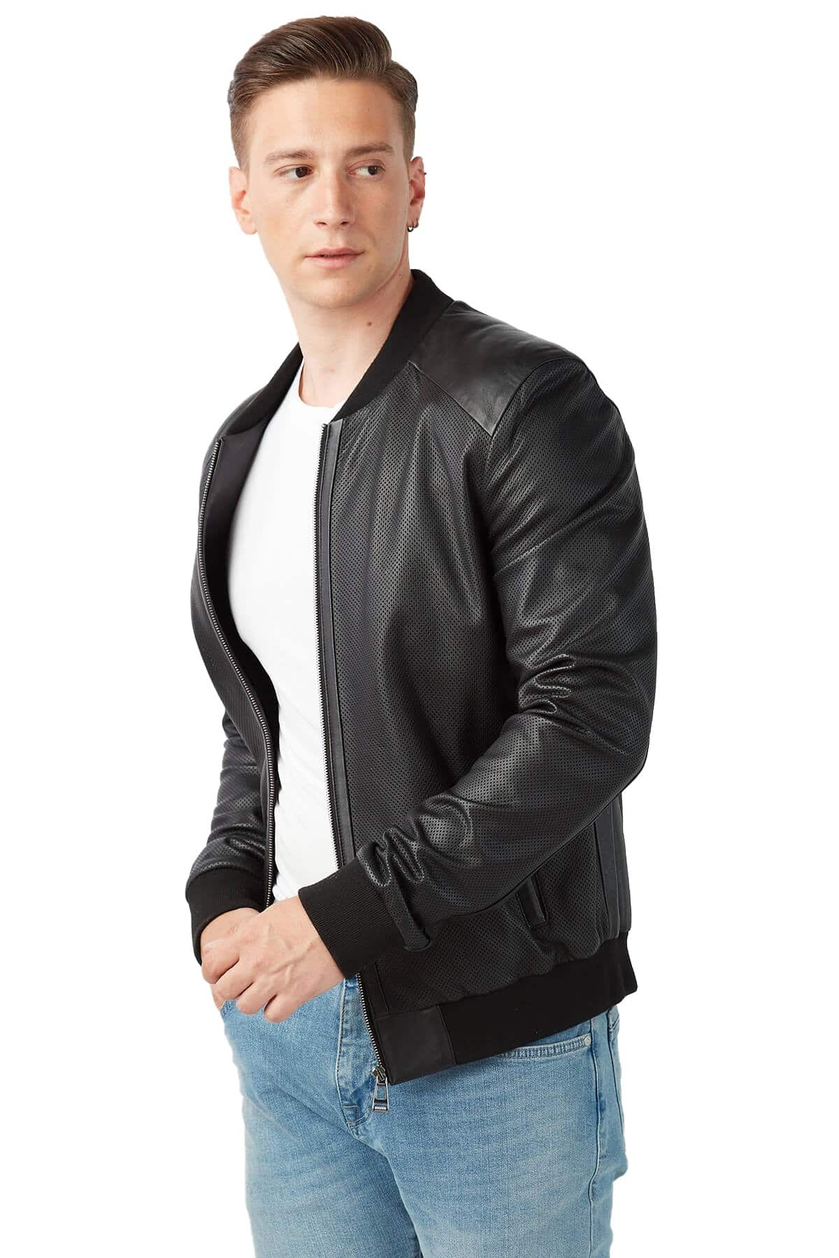 Men's 100 % Real Black Leather Perforated College Style Jacket