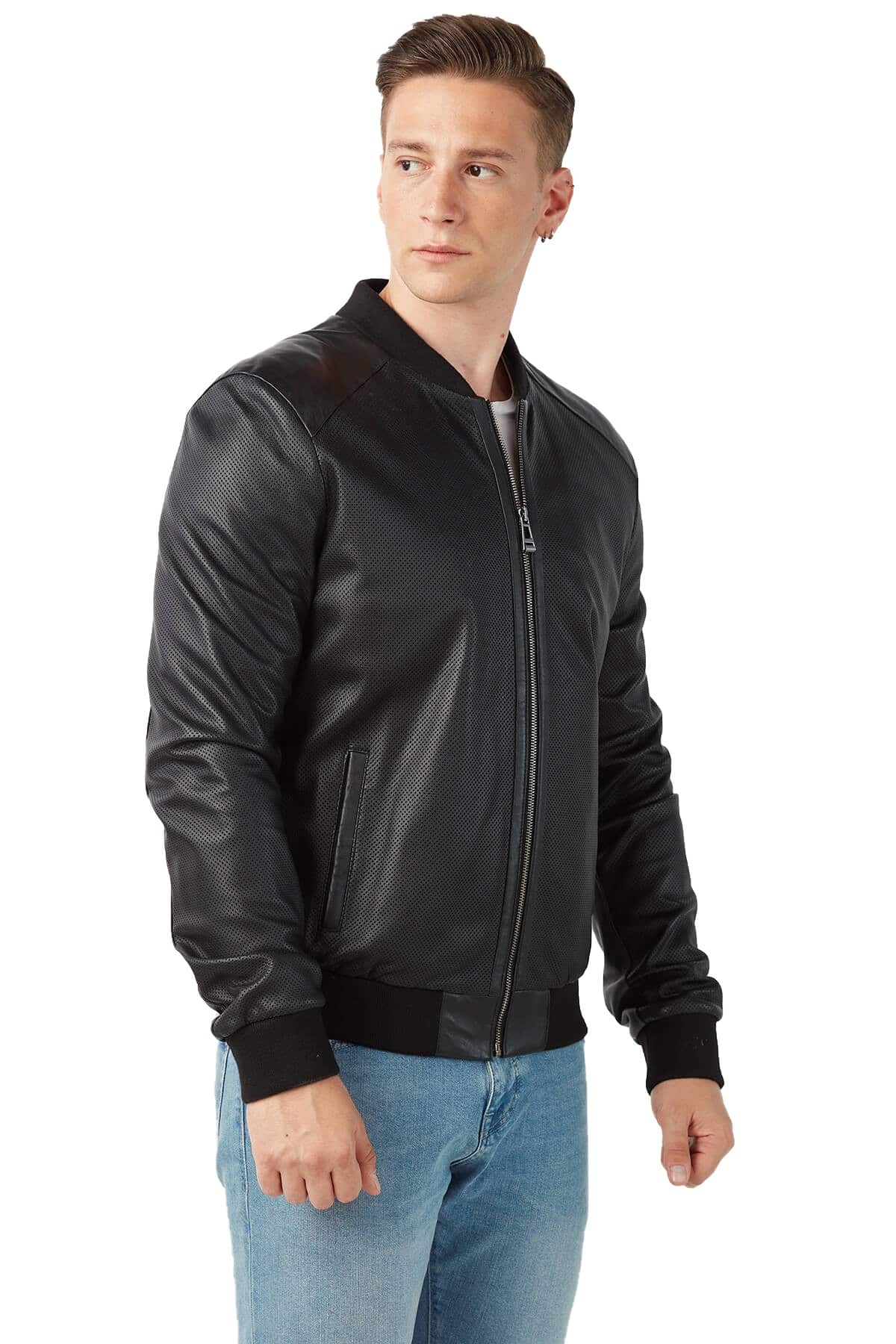 Men's 100 % Real Black Leather Perforated College Style Jacket