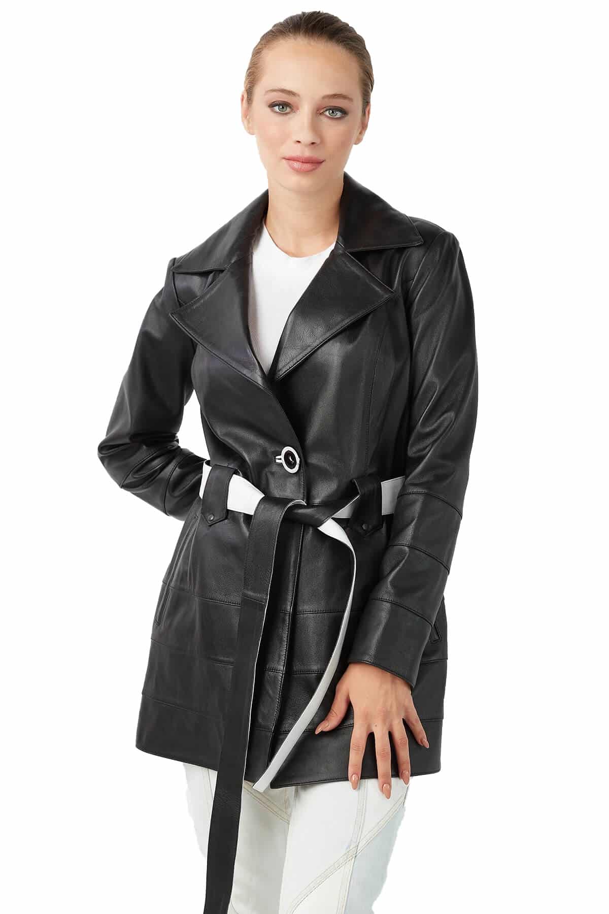 Rebecca Women's 100 % Real Black Leather Trench Short Coat