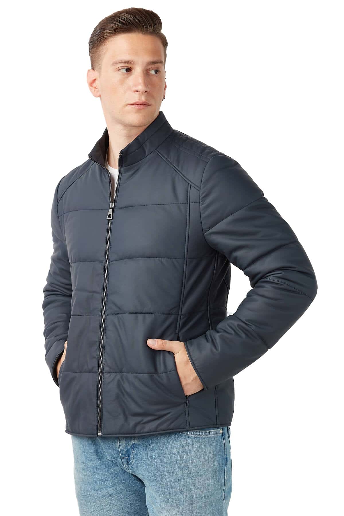 Men's 100 % Real Blue Leather Laciveft Taffeta Jacket