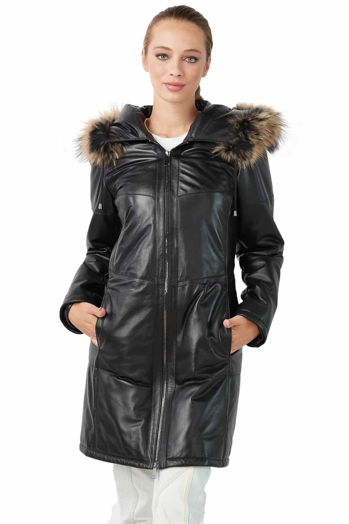 Nadia Women's Genuine Soft Lambskin Leather 3/4 Short Black Trench Coat ...