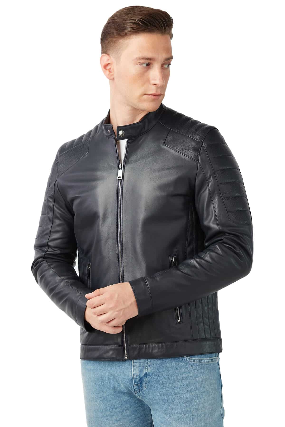 Men's 100 % Real Navy-Blue Leather Orlando Jacket