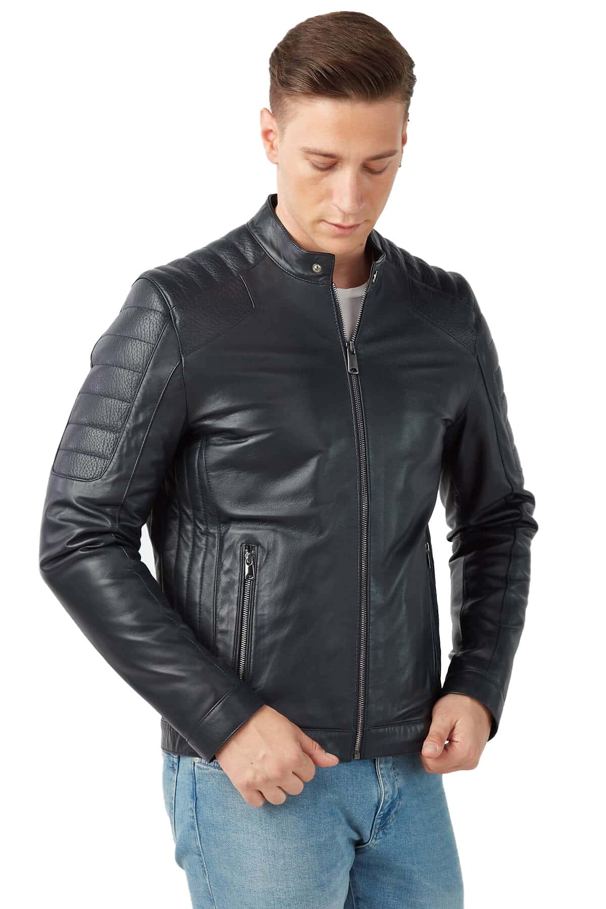 Men's 100 % Real Navy-Blue Leather Orlando Jacket