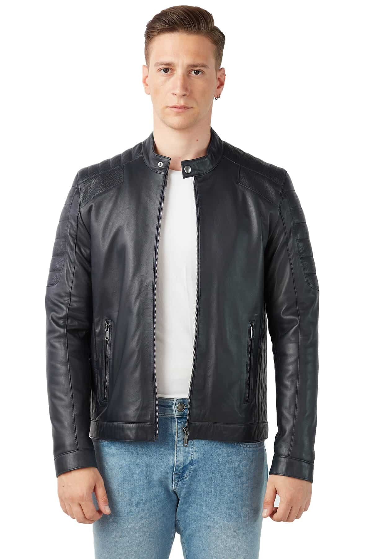 Orlando Navy Blue Genuine Leather Jacket - Urban Fashion Studio
