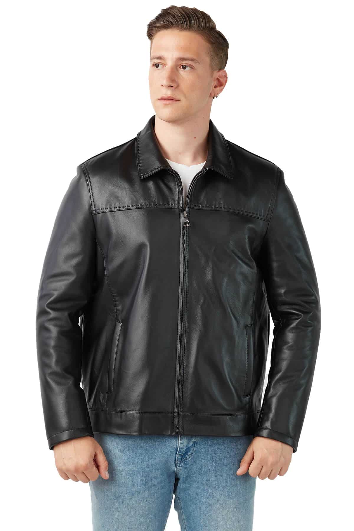 Men's 100 % Real Black Leather Point Stitched Jacket