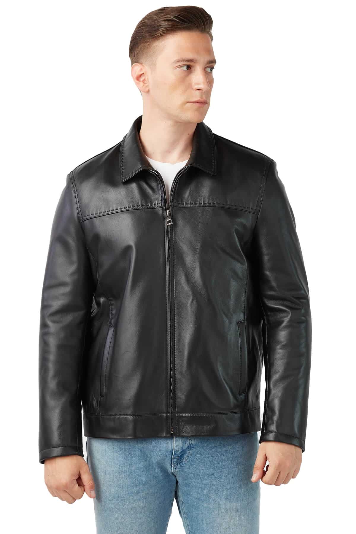 Men's 100 % Real Black Leather Point Stitched Jacket