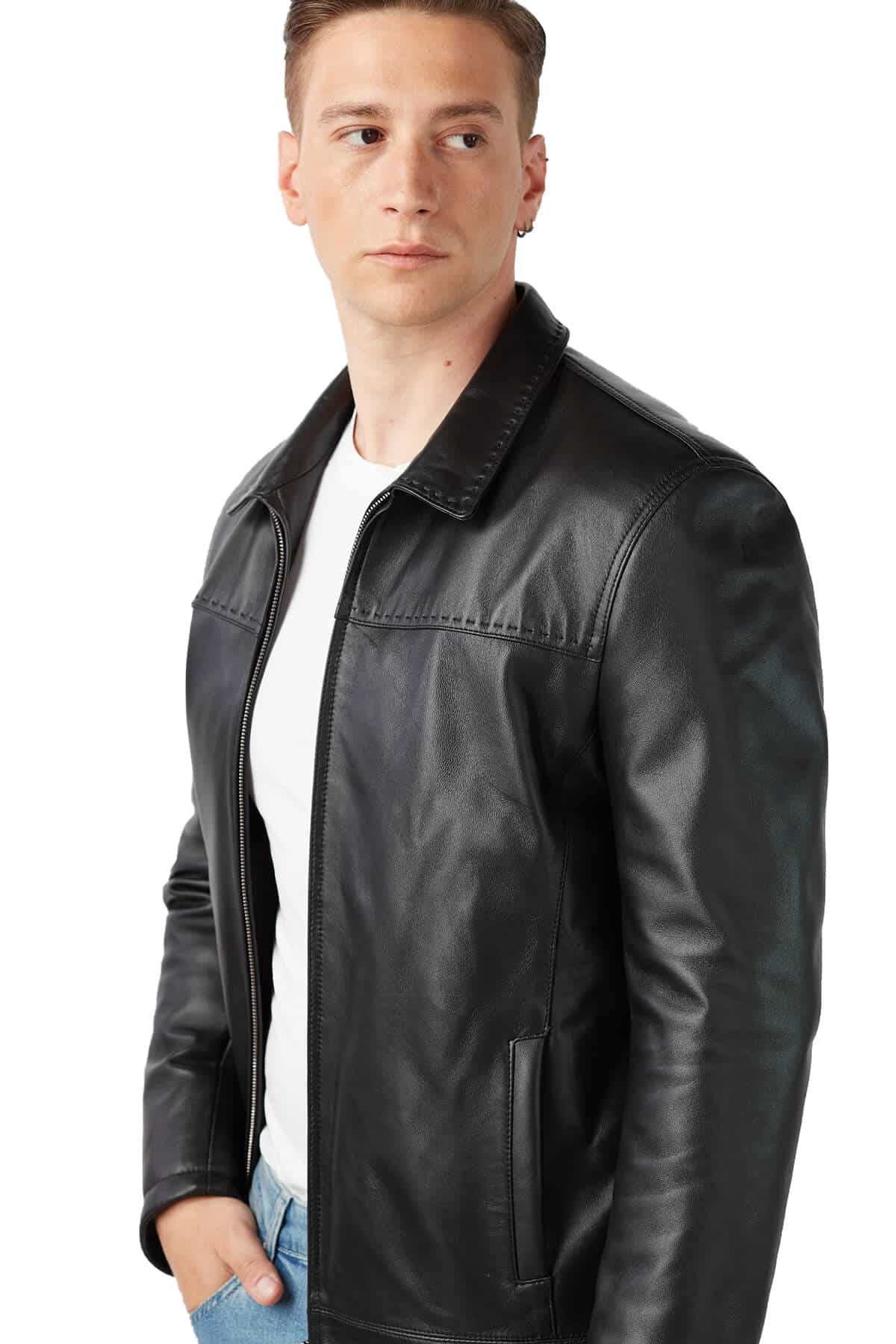 Point Stitched Genuine Leather Black Coat - Urban Fashion Studio