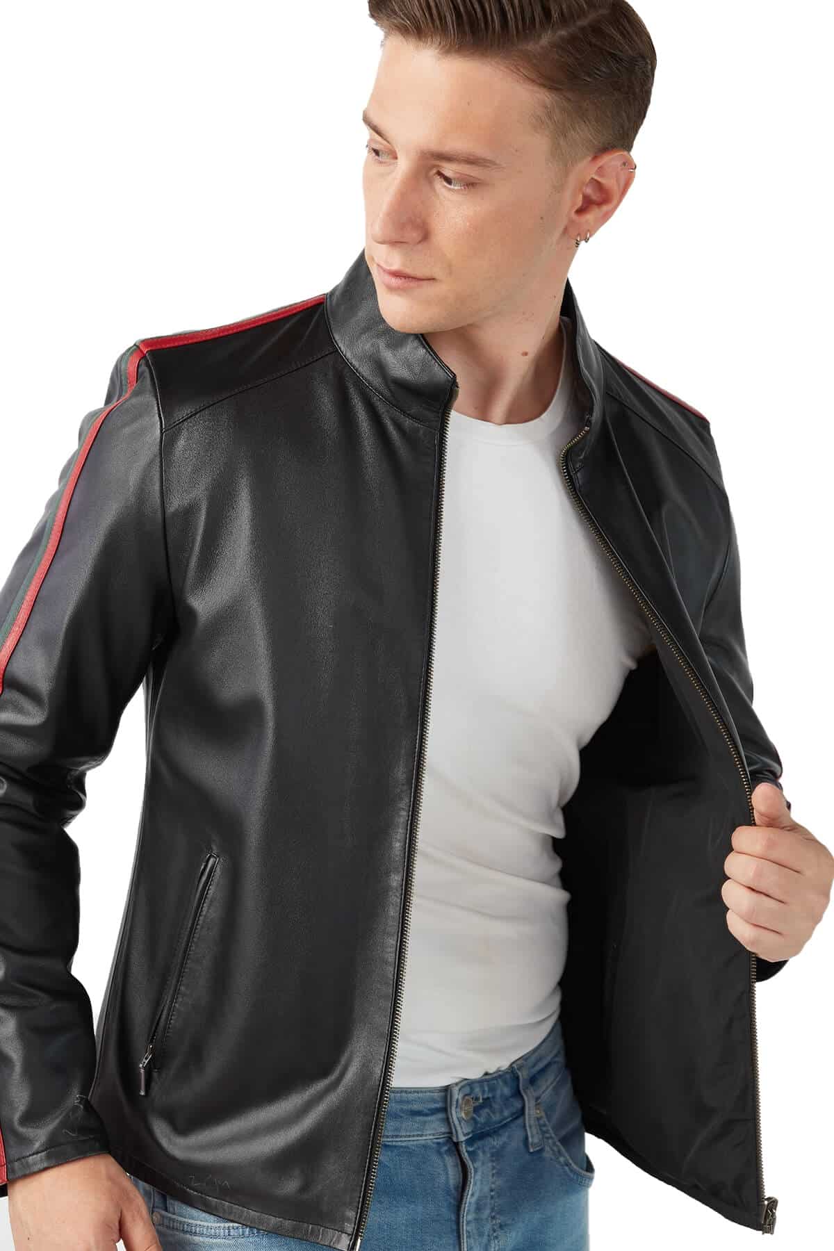 Men's 100 % Real Black Leather Double Sided Red Garni Jacket