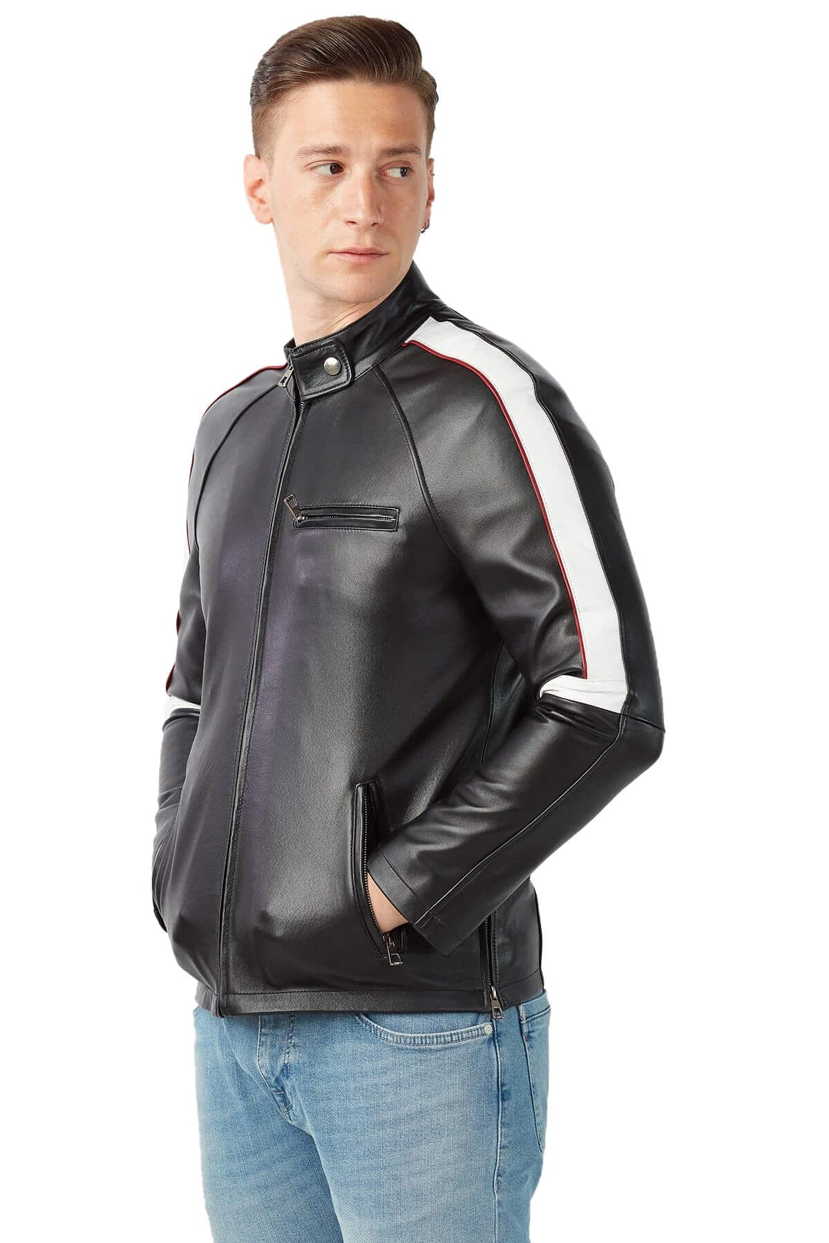 Men's 100 % Real Black Leather Garnish Jacket