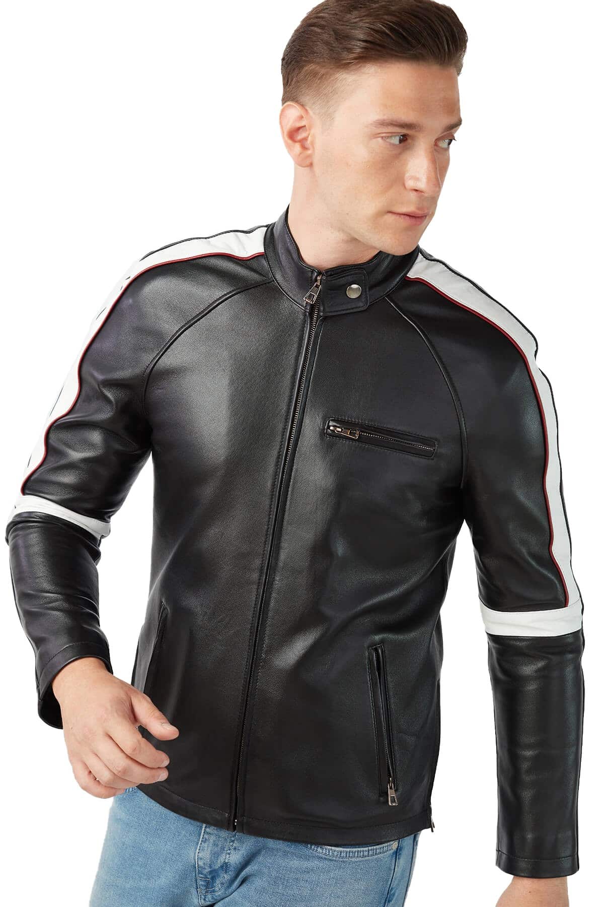 Men's 100 % Real Black Leather Garnish Jacket