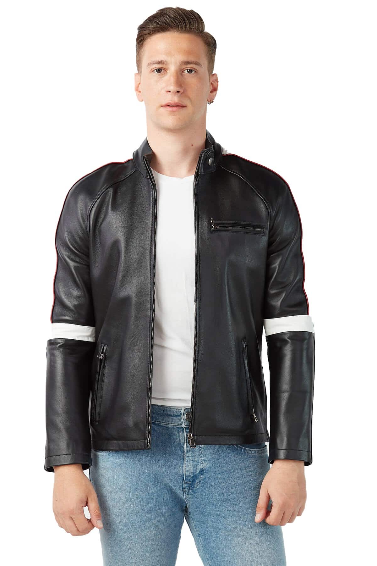 Men's 100 % Real Black Leather Garnish Jacket