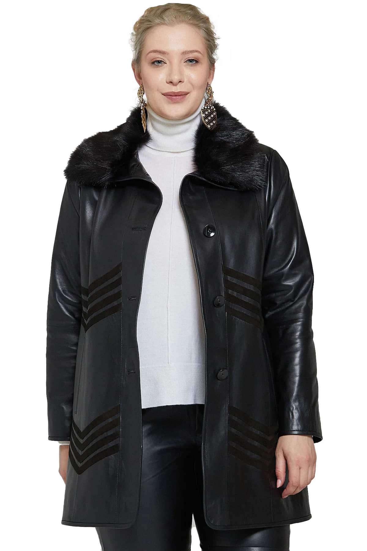 Stephanie Women's 100% Real Black Leather Beautiful Baggy Fur Collar Jacket