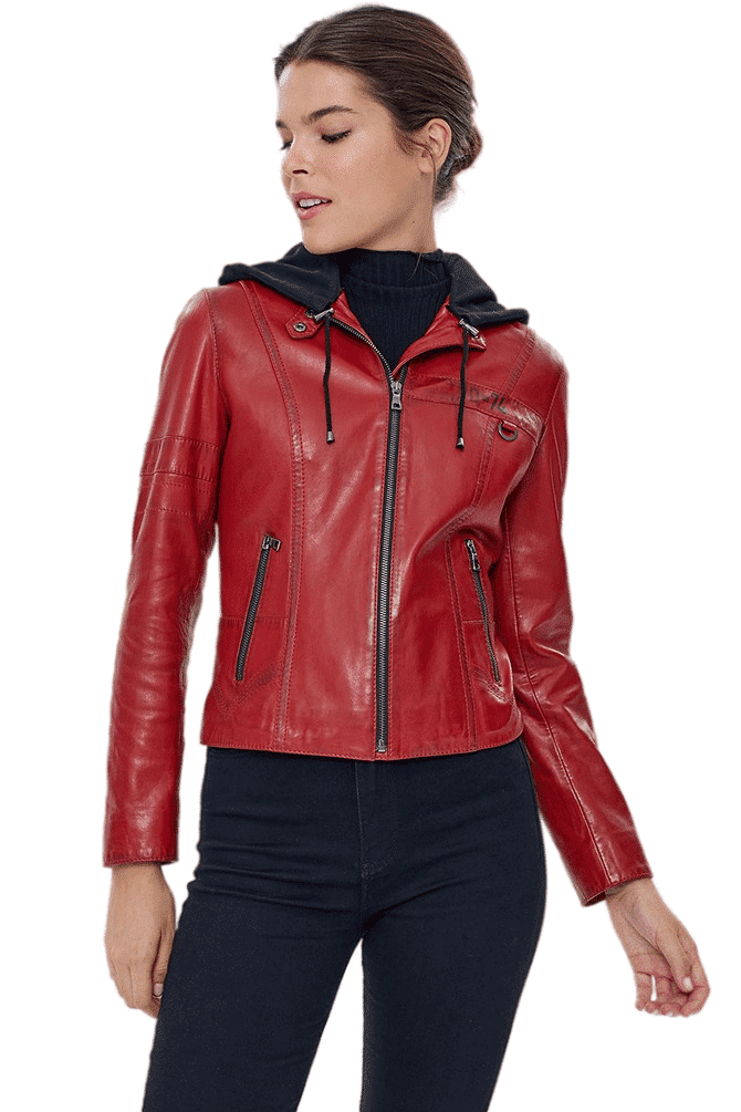 Carrera Women's Red Motorcycle Leather Jacket with Hood
