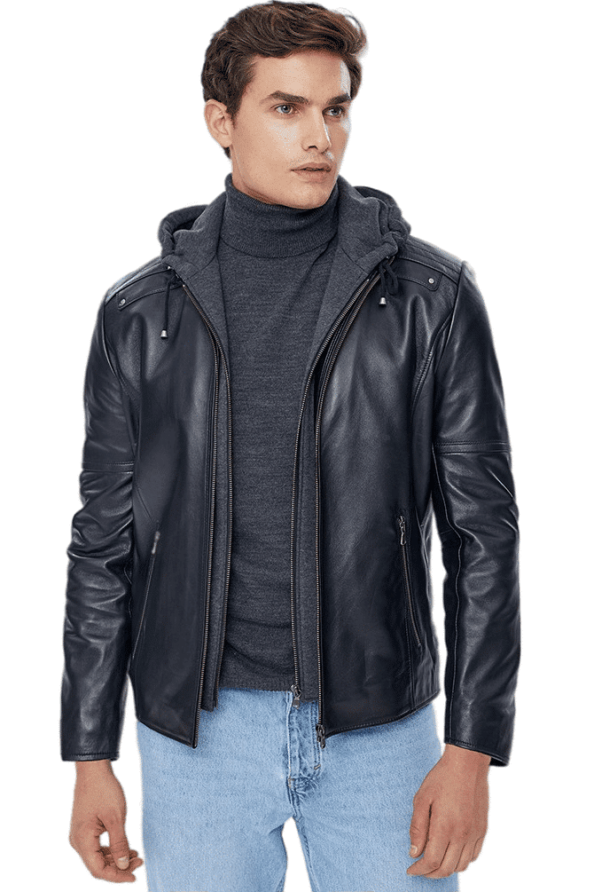 Danny Men's 100% Real Black Leather Hooded Jacket