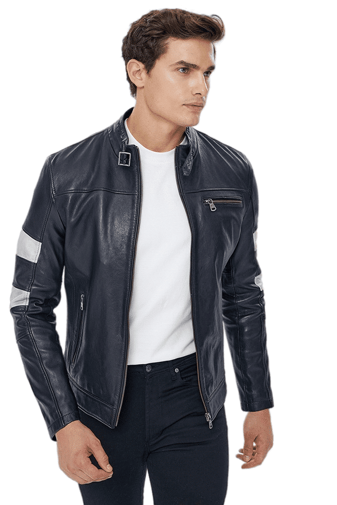 Men's 100% Real Black Leather Belted Collar Stylish Cafe Racer Moto Jacket