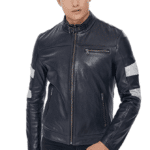 Men's 100% Real Black Leather Belted Collar Stylish Cafe Racer Moto Jacket