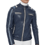 Kobe Men's 100% Real Navy Blue Leather Cafe Racer Jacket