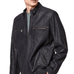Maxim Men's 100% Real Navy Blue Leather Belted Collar Cafe Racer Jacket