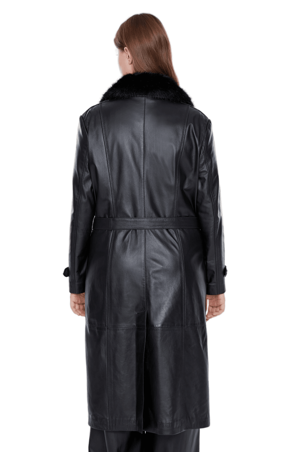 Brenda Women's 100% Real Black Leather Fur Collar Buttoned Trench Coat