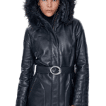 Angela Women's 100% Real Black Leather Fur Collar Short Belted Trench Coat