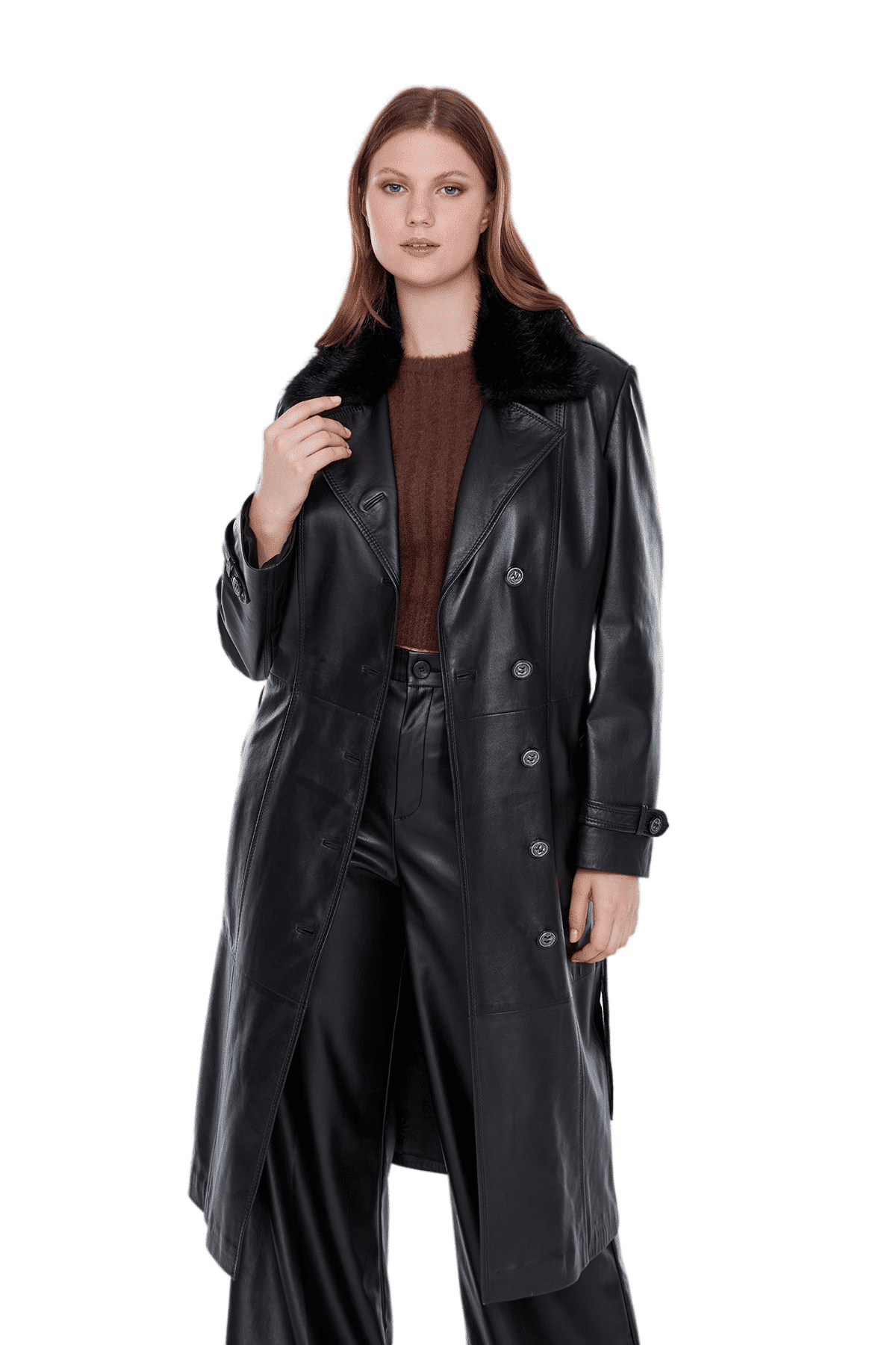 Brenda Black Fur Collar Buttoned Leather Women's Trench Coat
