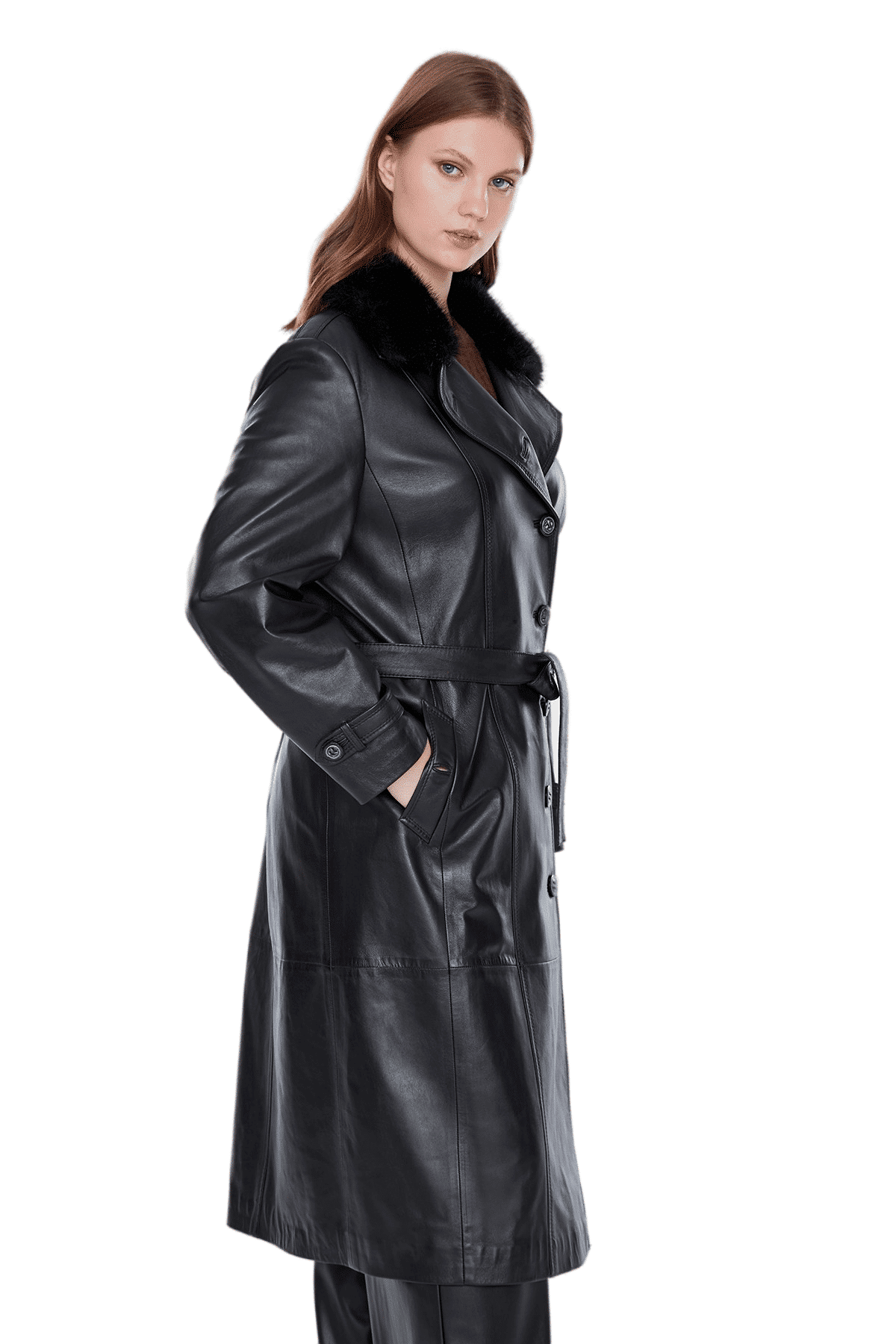 Brenda Women's 100% Real Black Leather Fur Collar Buttoned Trench Coat