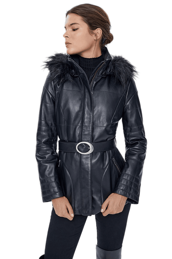 Angela Women's 100% Real Black Leather Fur Collar Short Belted Trench Coat