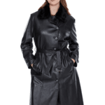 Brenda Women's 100% Real Black Leather Fur Collar Buttoned Trench Coat