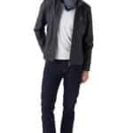 Larry Men's 100% Real Navy Blue Leather Taffeta Jacket